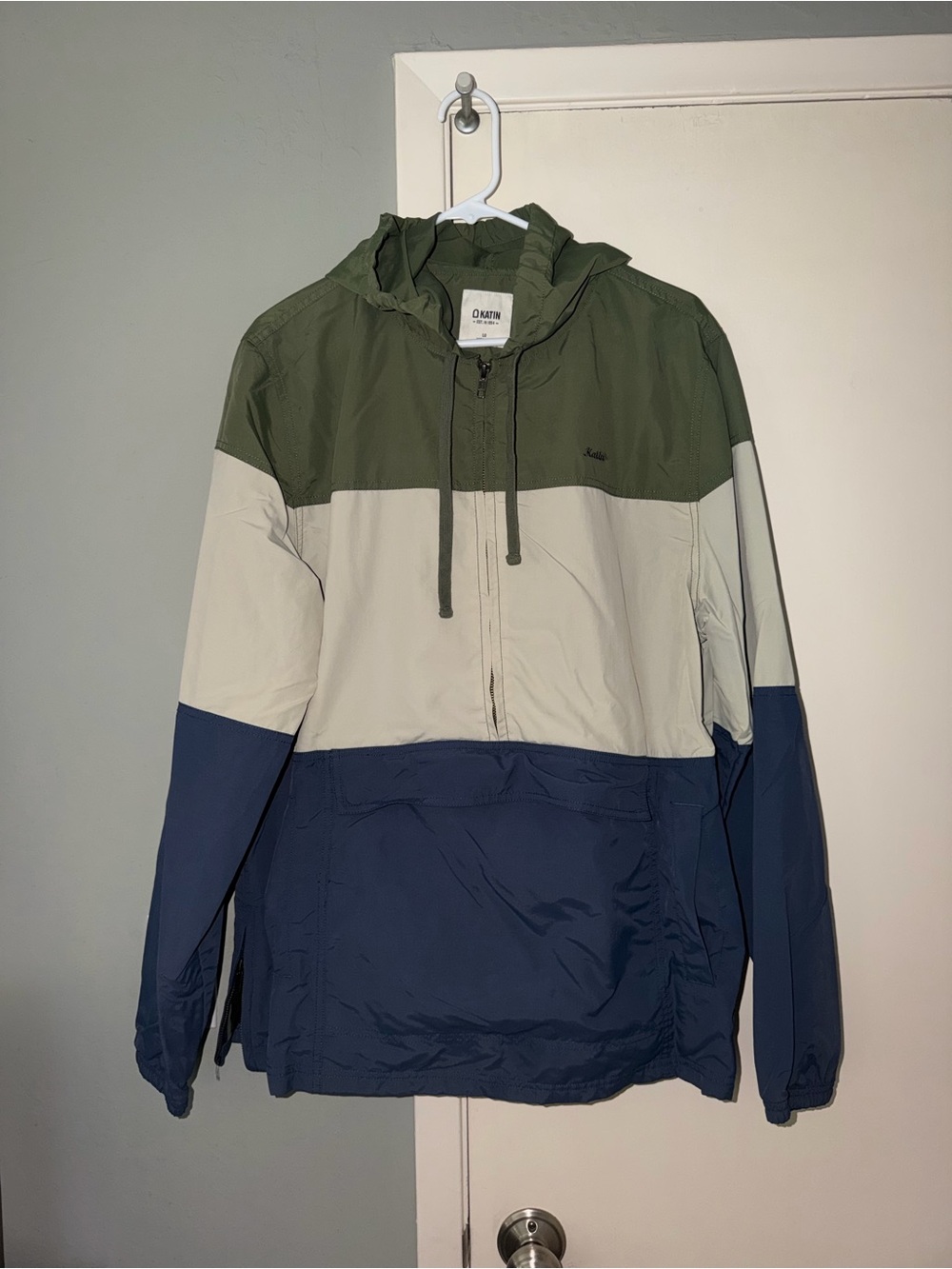 Katin. Olive, Cream & Navy Colorblock Hooded Windbreaker